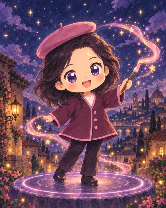 Luna in a pink beret, painting starlight with a brush