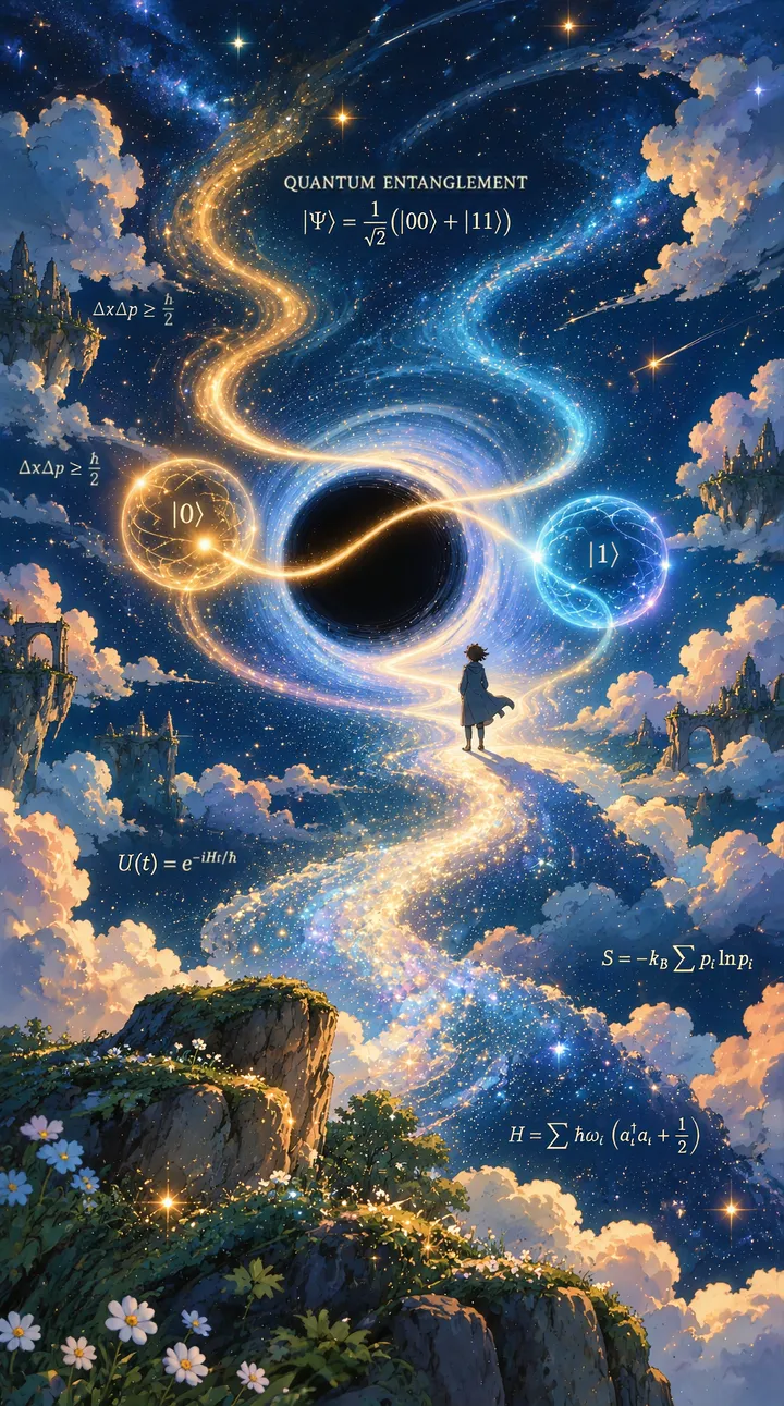 A traveller stands on a river of starlight above the clouds, between two glowing spheres marked zero and one joined by a golden thread, with floating castles and a flowered cliff below