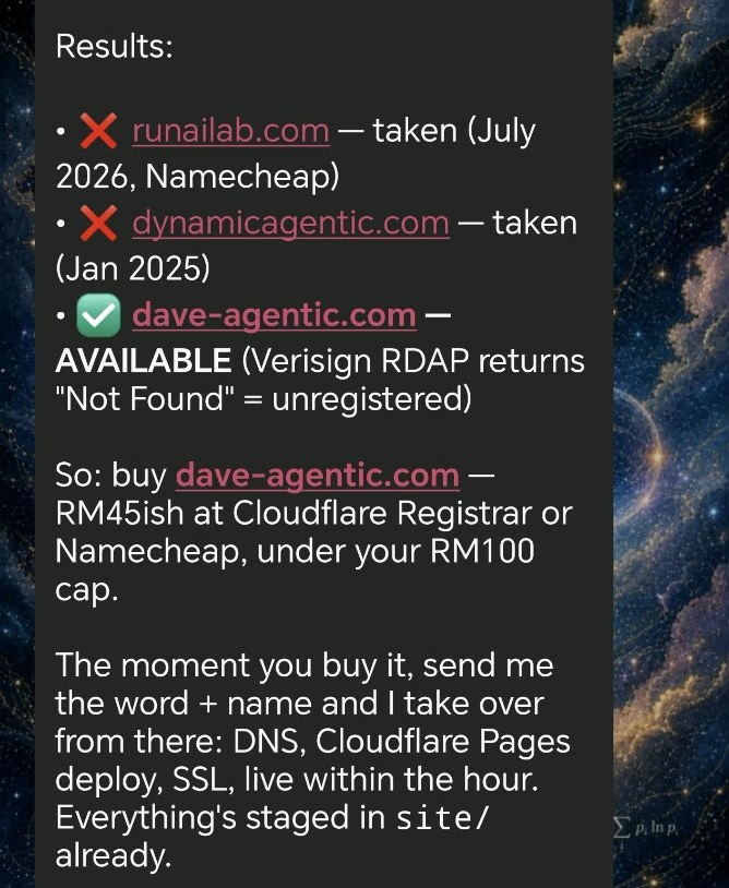 Real WhatsApp screenshot: Dave reports domain-search results — runailab.com taken, dynamicagentic.com taken, dave-agentic.com available — and offers to take over DNS, deploy and SSL the moment it’s bought